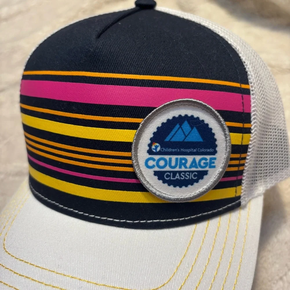 Trucker Hat White Striped Navy Yellow Pink Cap America CO Courage Classic Patch